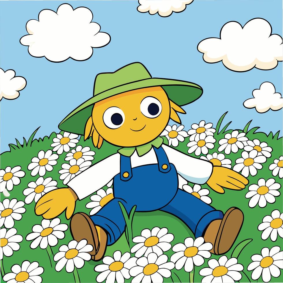 Cartoon scarecrow relaxing in a daisy field on a sunny day vector