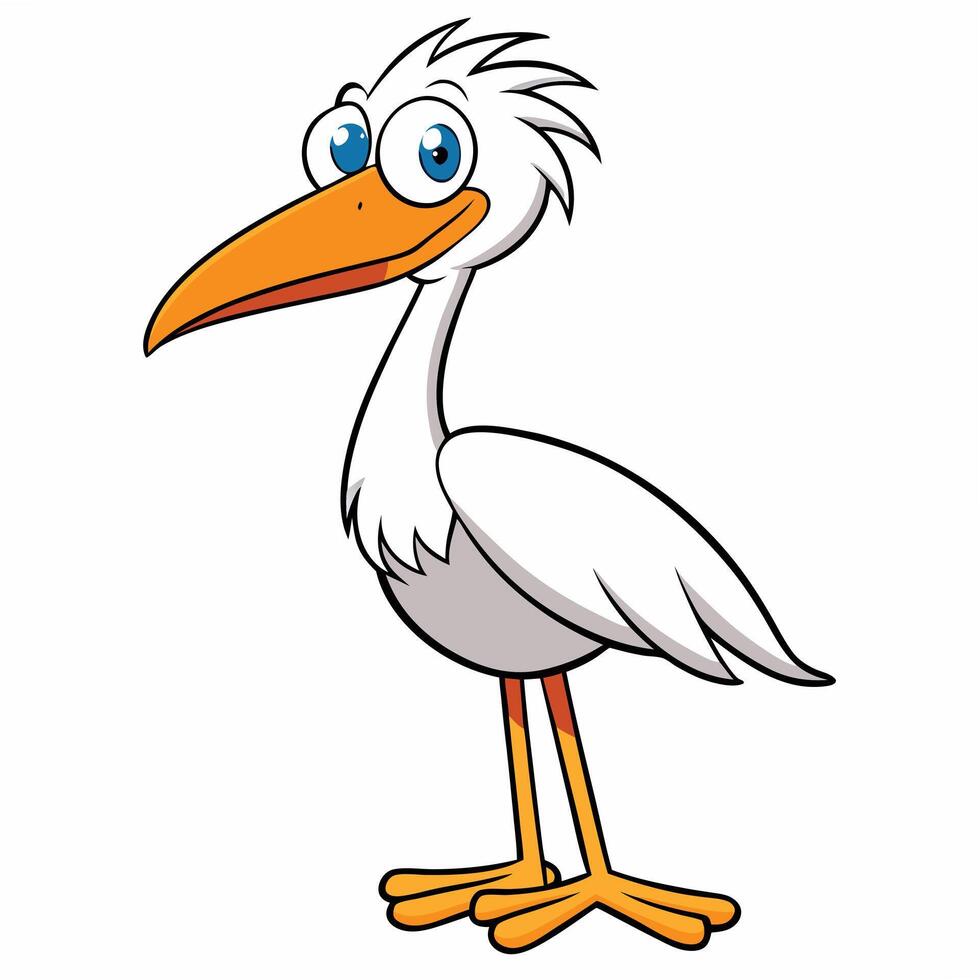 Cheerful cartoon egret character illustration of a cute bird standing tall vector