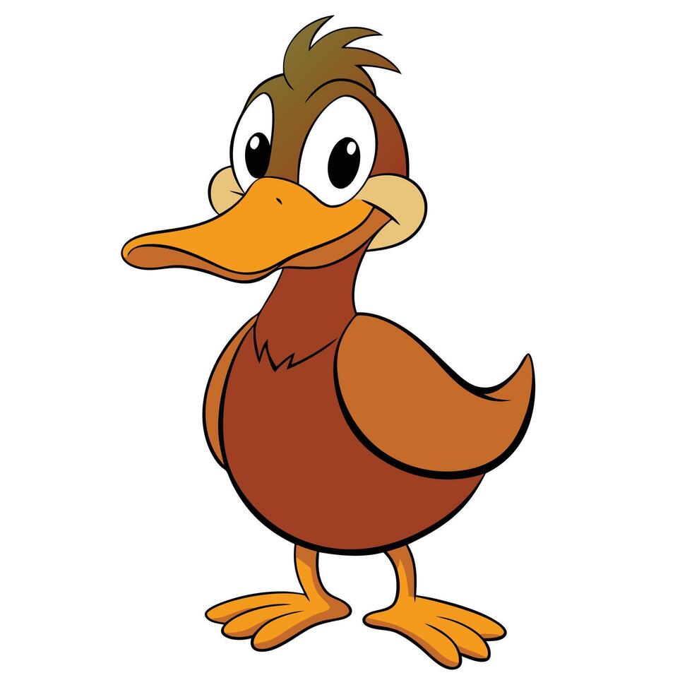 Cute cartoon duck illustration with brown plumage and orange beak on white background vector
