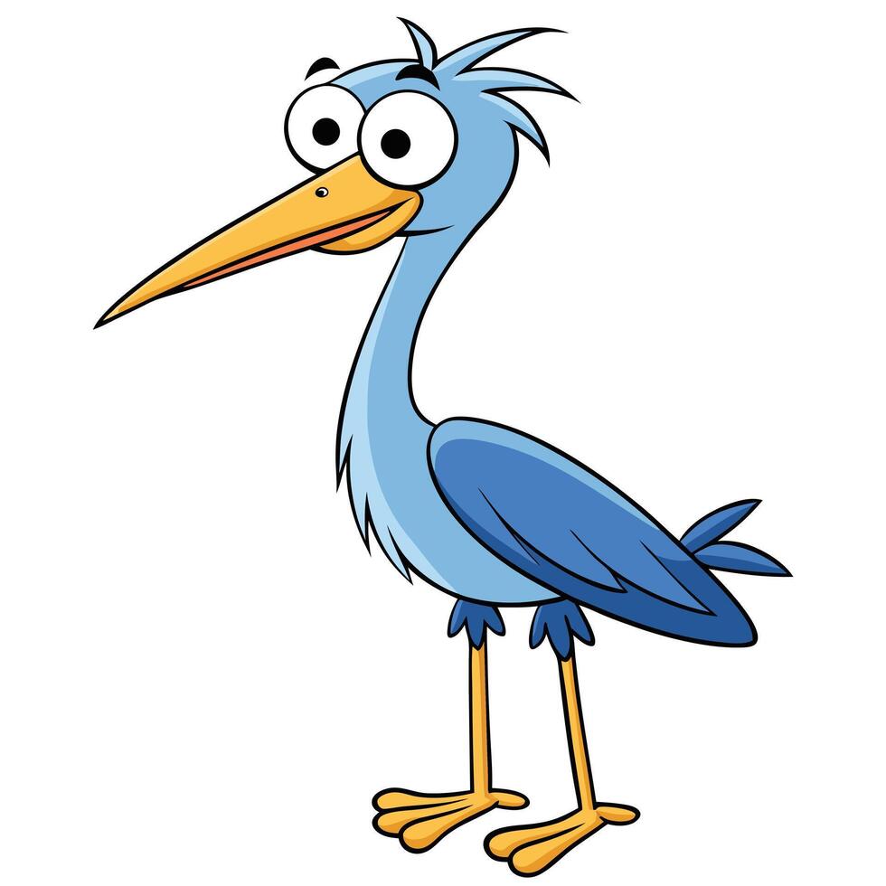 Cartoon blue heron illustration with big eyes and funny expression isolated vector