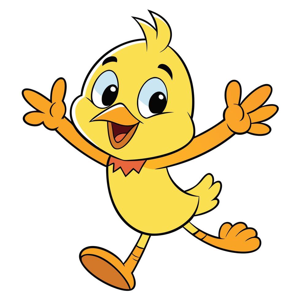 Cheerful cartoon chick running with arms raised in celebration and joy vector