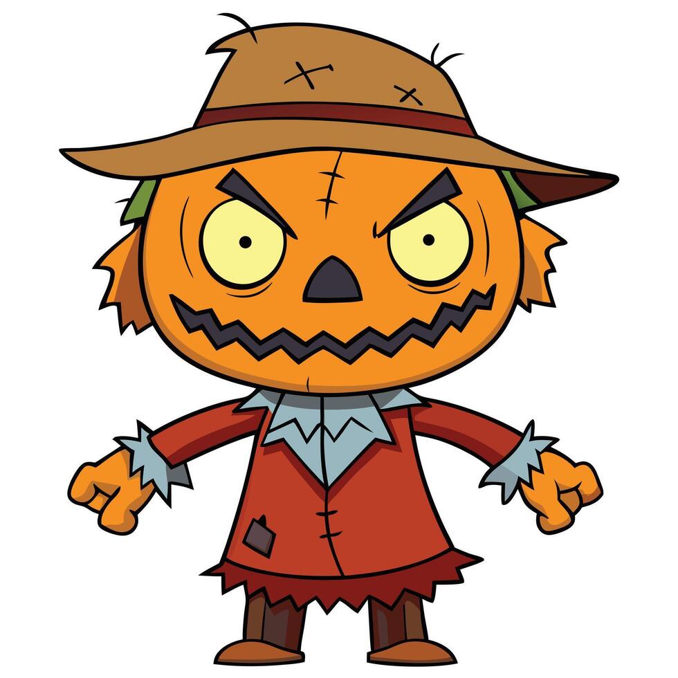 Cartoon halloween scarecrow character with pumpkin head isolated on white background vector