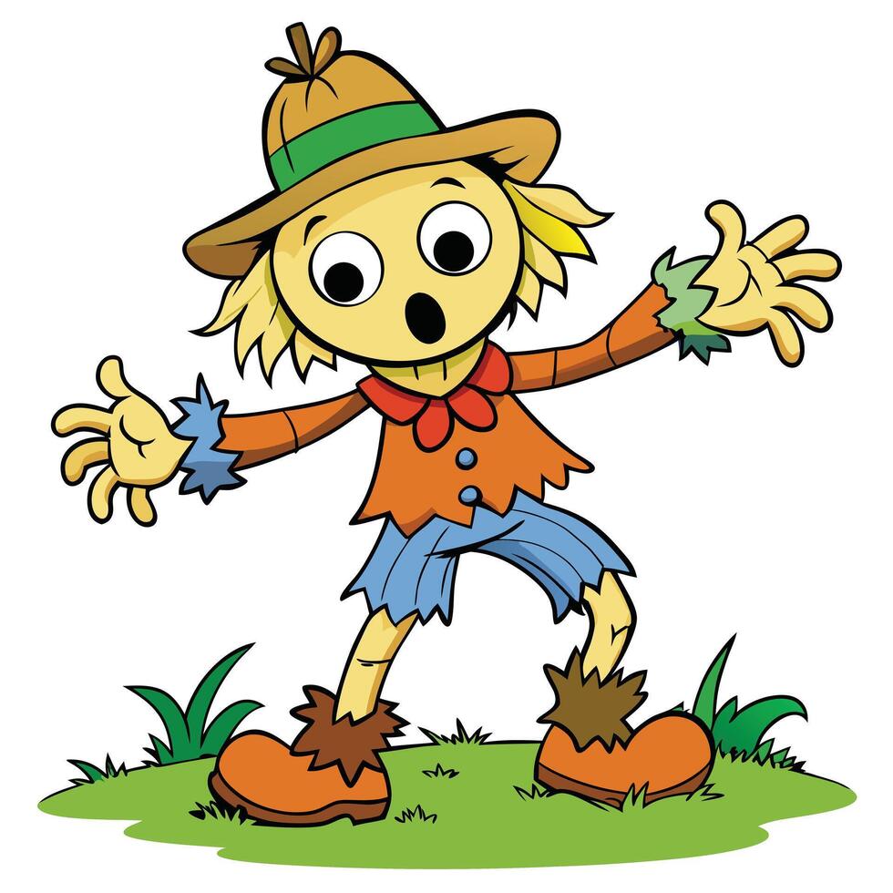 Cartoon scarecrow with surprised expression standing on green grass illustration vector