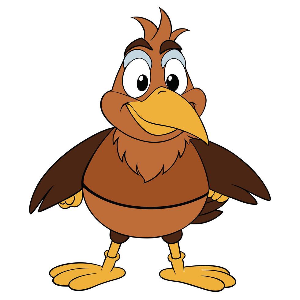 Cheerful brown bird cartoon character illustration standing on white background vector