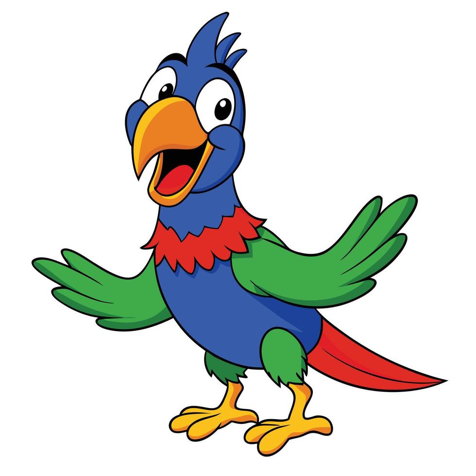 Cheerful cartoon parrot character with bright colors spreading its wings illustration vector