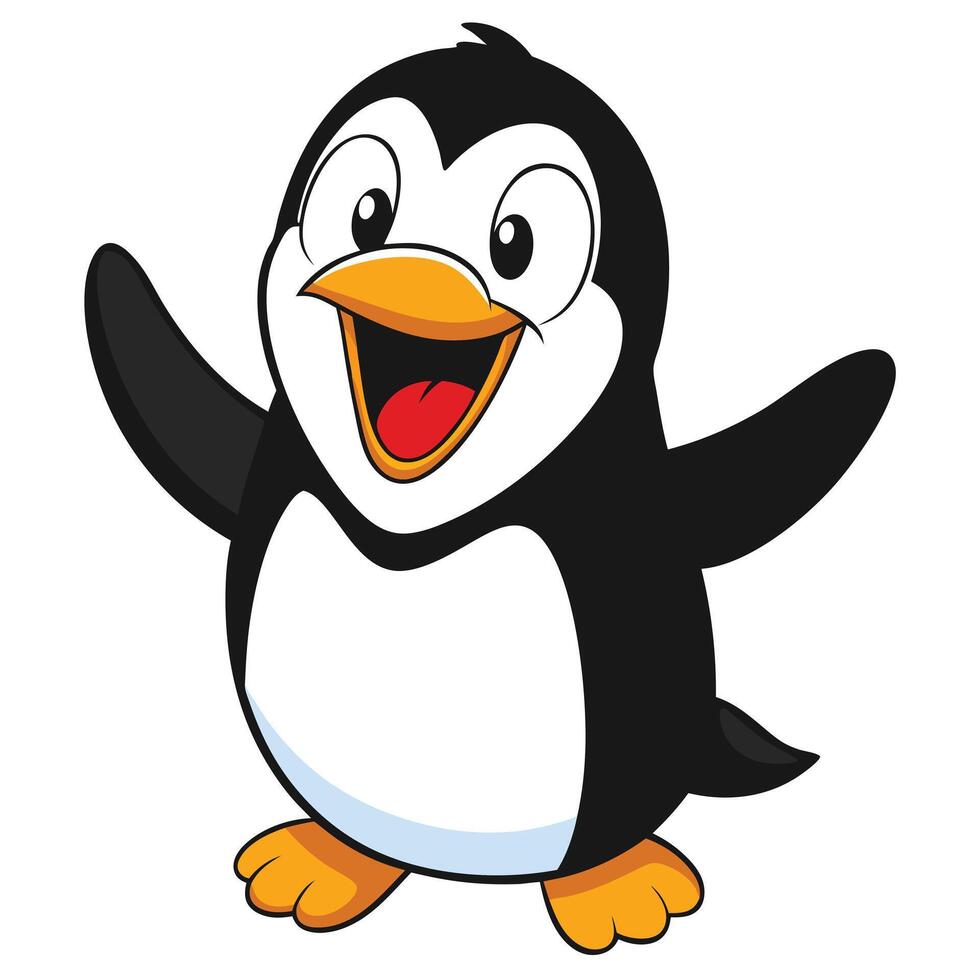 Cheerful cartoon penguin character mascot waving wings with a big happy smile vector