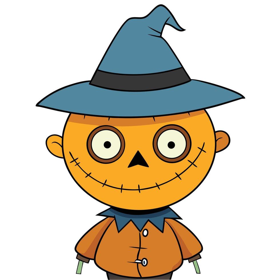 Cartoon scarecrow character with witch hat for halloween decoration and design elements vector