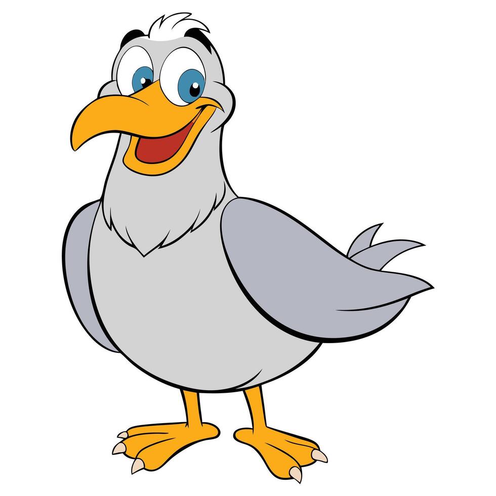 Cheerful cartoon seagull illustration with wide eyes and an orange beak vector