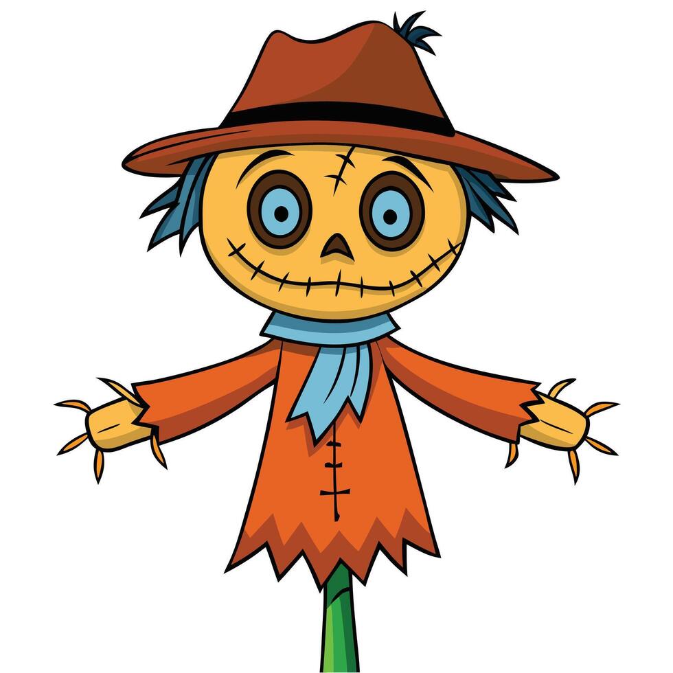 Cartoon scarecrow illustration with hat and blue scarf for halloween decoration vector