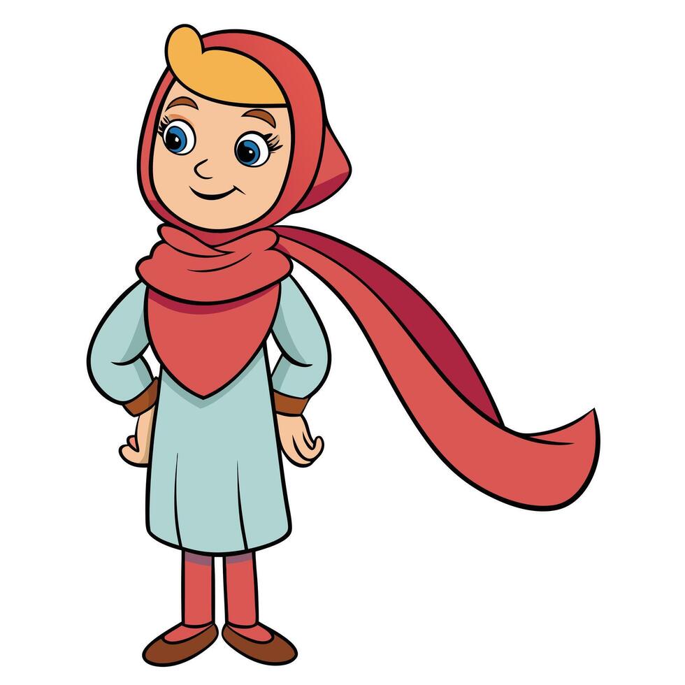 Cartoon illustration of a smiling muslim girl wearing a red hijab scarf vector