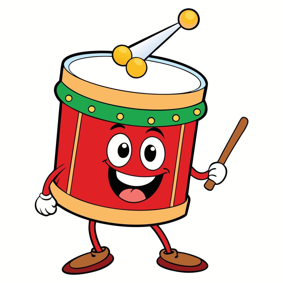 Cheerful cartoon drum character holding drumstick ready to play music vector