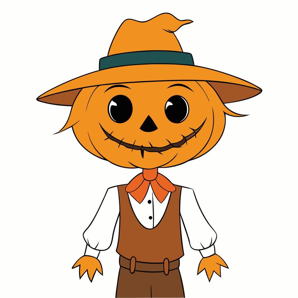Cute cartoon scarecrow character with pumpkin head for halloween illustration vector