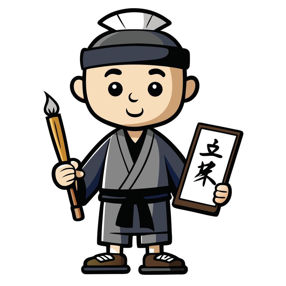 Cute cartoon chinese calligrapher holding brush and artwork illustrating traditional art vector