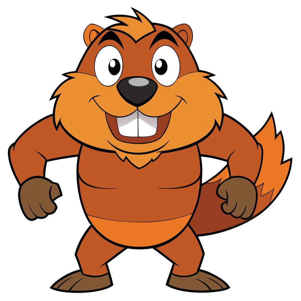 Cheerful cartoon beaver standing upright with big teeth and a bushy tail vector
