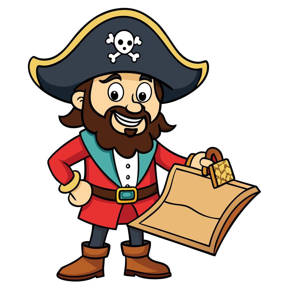 Smiling cartoon pirate holding treasure map illustration isolated vector
