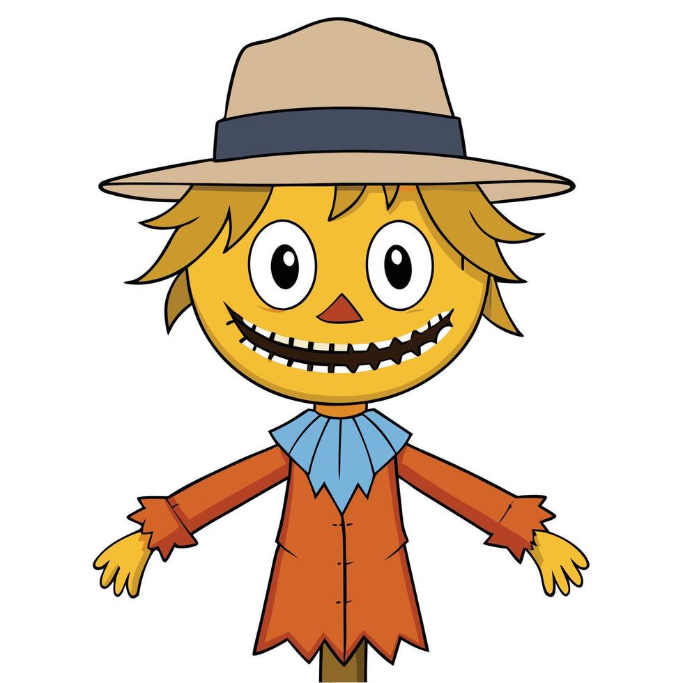 Cartoon scarecrow with hat and spooky smile for fall festival celebrations vector