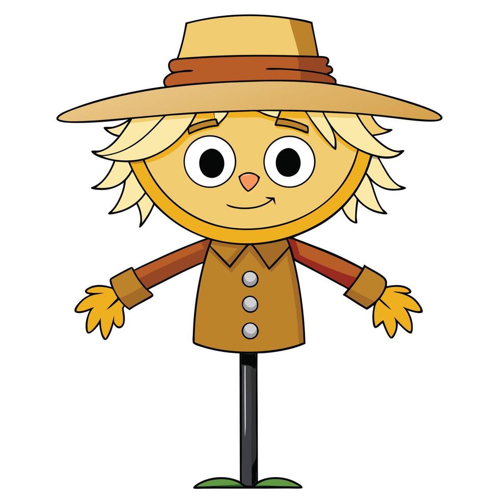 Cute cartoon scarecrow character with straw hat and buttons illustration vector