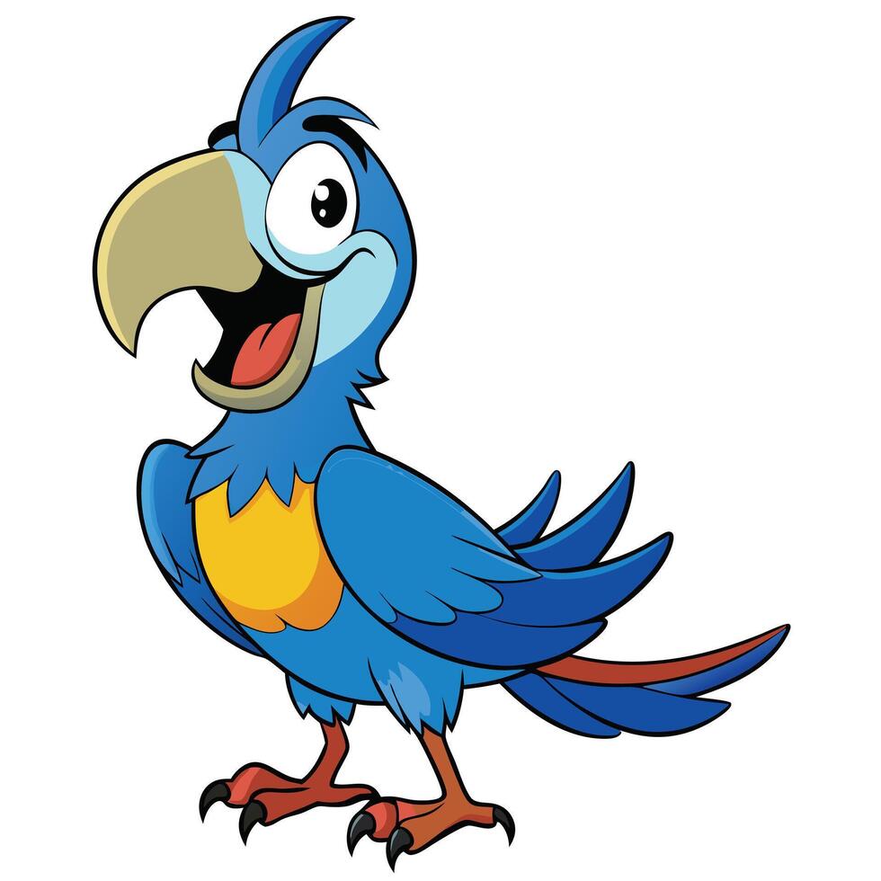 Cheerful blue cartoon parrot with yellow chest and red tail feathers vector