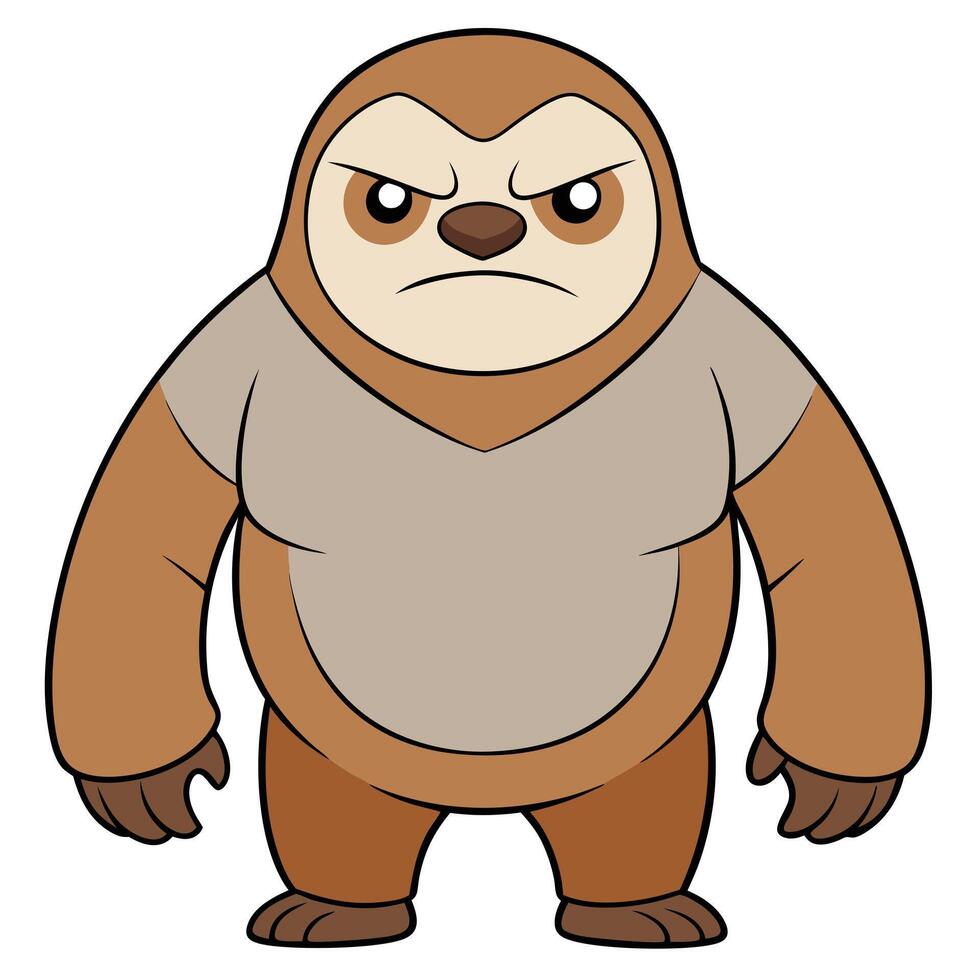 Grumpy cartoon sloth illustration with serious expression and brown fur vector