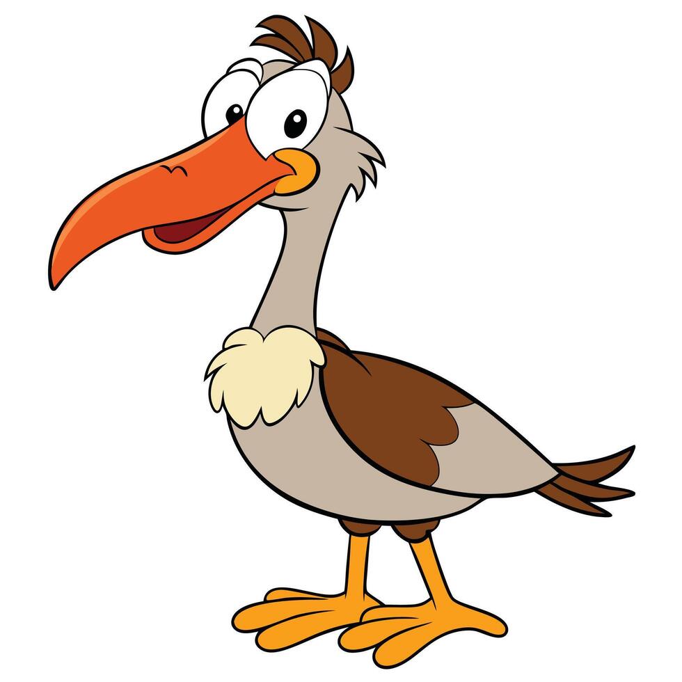 Cartoon bird illustration with large beak and wide eyes standing proudly vector