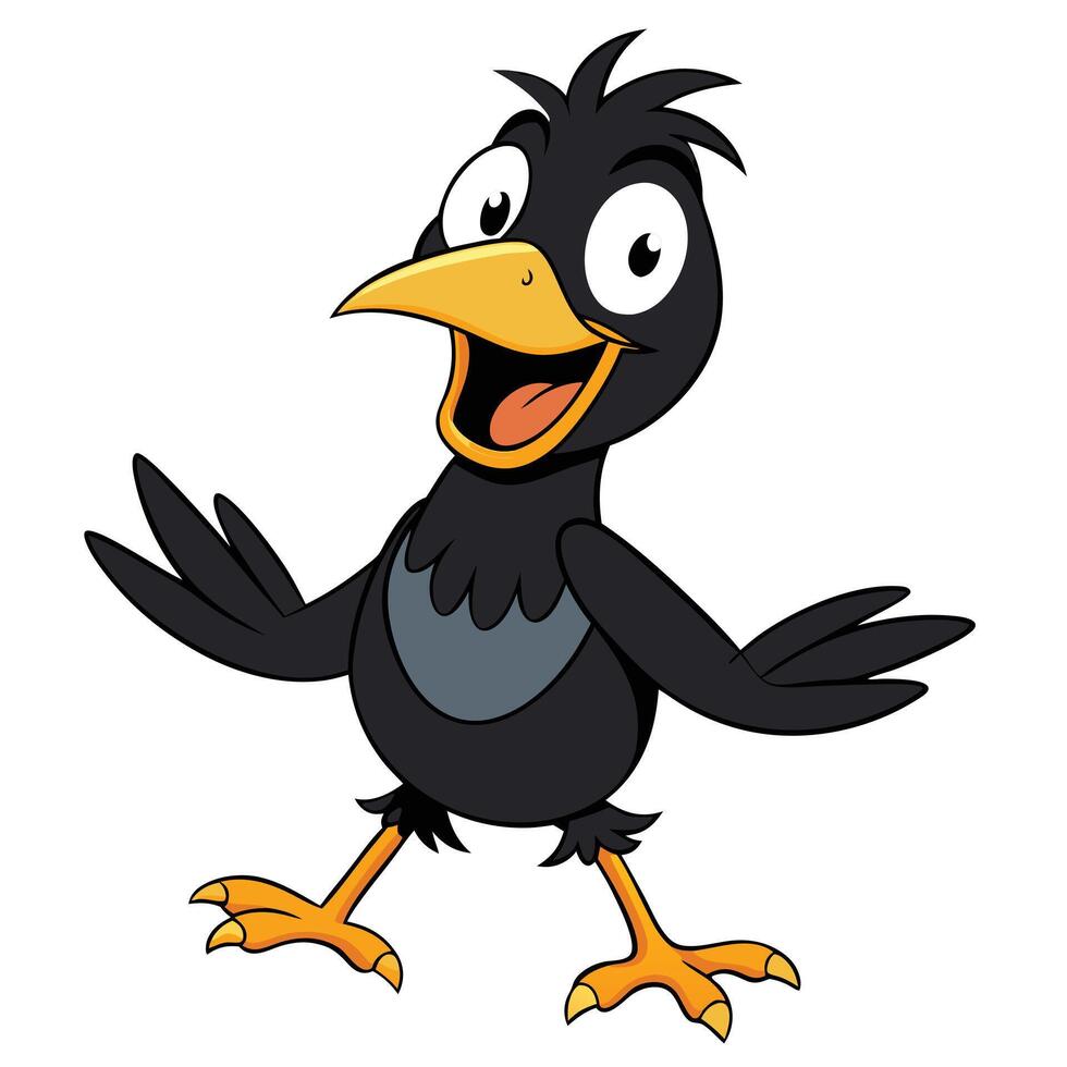 Cheerful cartoon crow illustration spreading joy with open arms and big smile vector