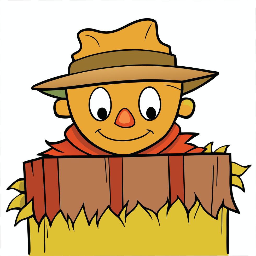 Cute cartoon scarecrow smiling behind a wooden fence with hay vector