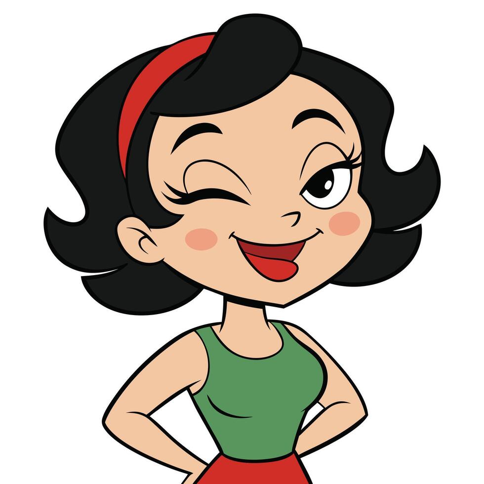Cartoon winking girl illustration expressing confidence and playfulness with hands on hips pose vector