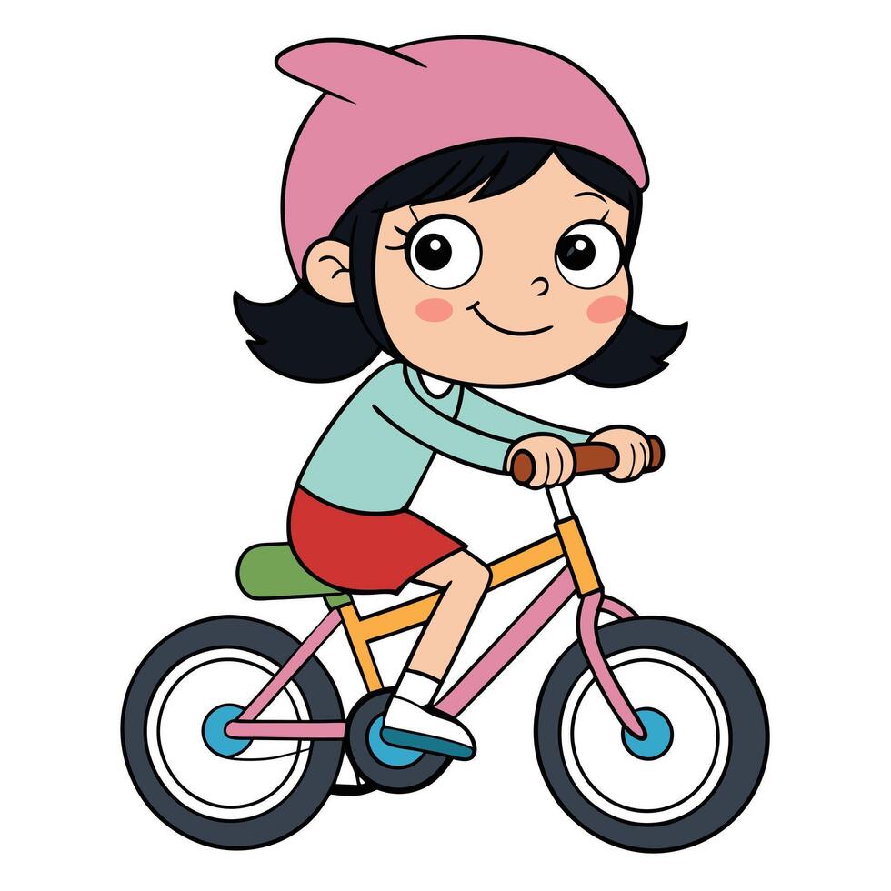 Cartoon girl riding bicycle active lifestyle child cycling flat design vector