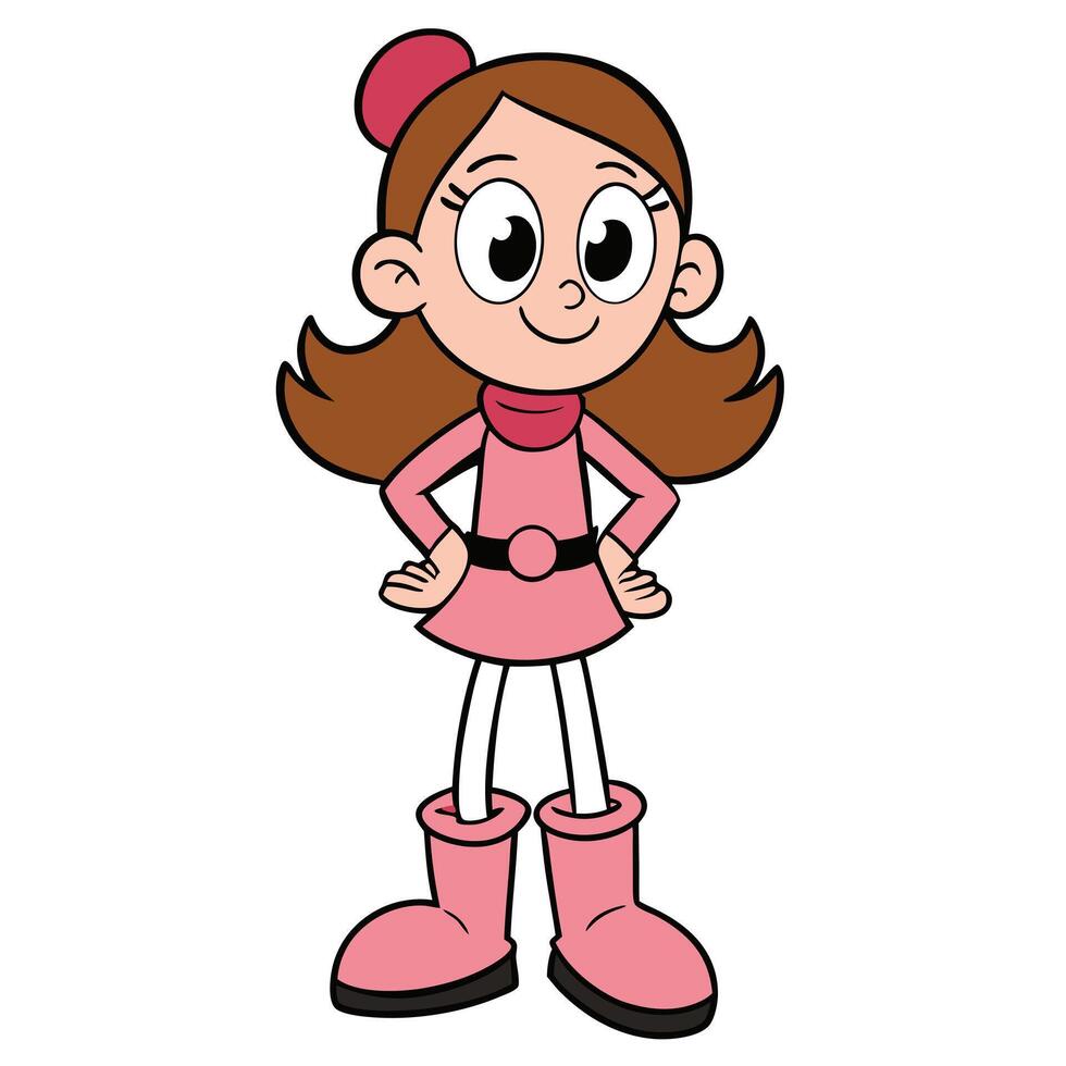 Cartoon girl illustration character design with pink dress and hat confident pose vector