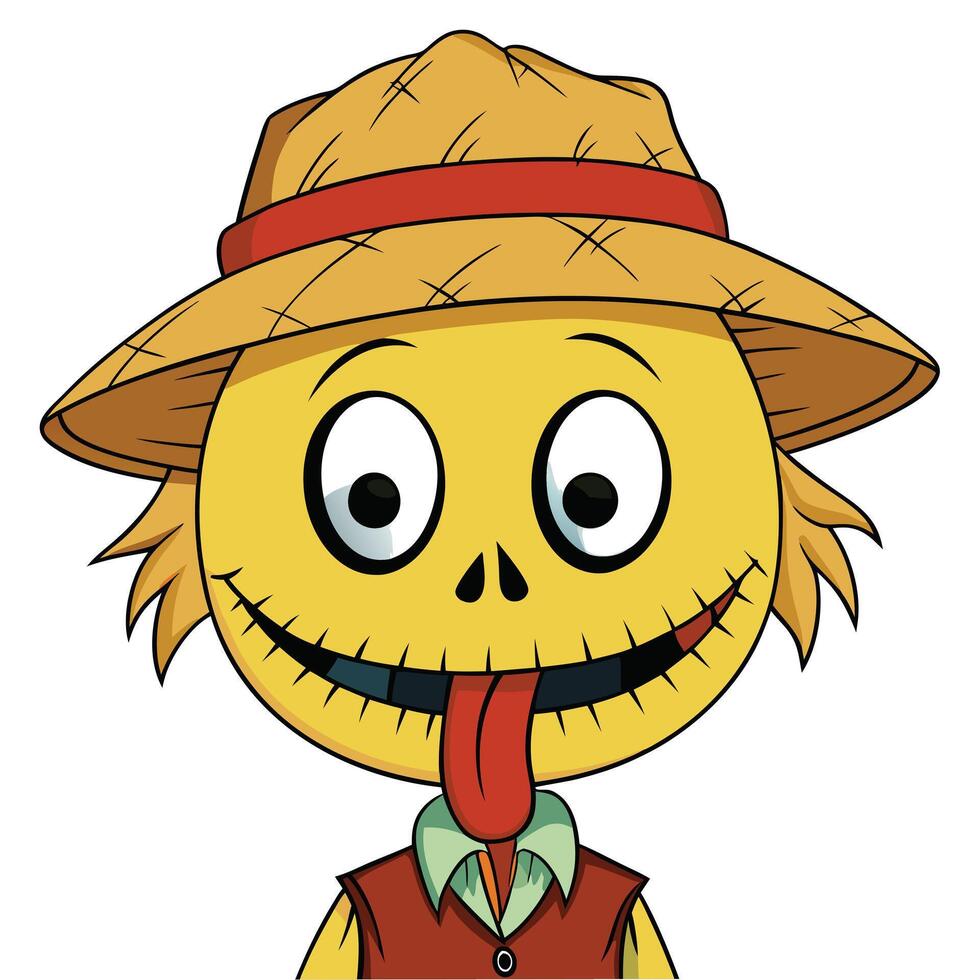 Cartoon scarecrow with hat and tongue out funny halloween character vector