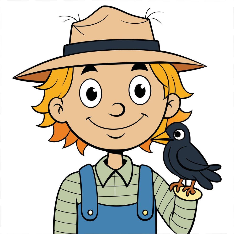 Smiling cartoon boy farmer with straw hat and crow illustration vector