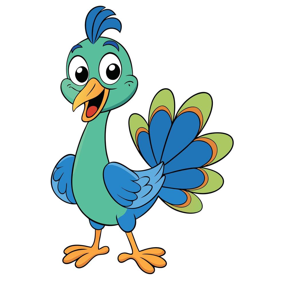 Smiling cartoon peacock illustration with blue and green feathers on white background vector