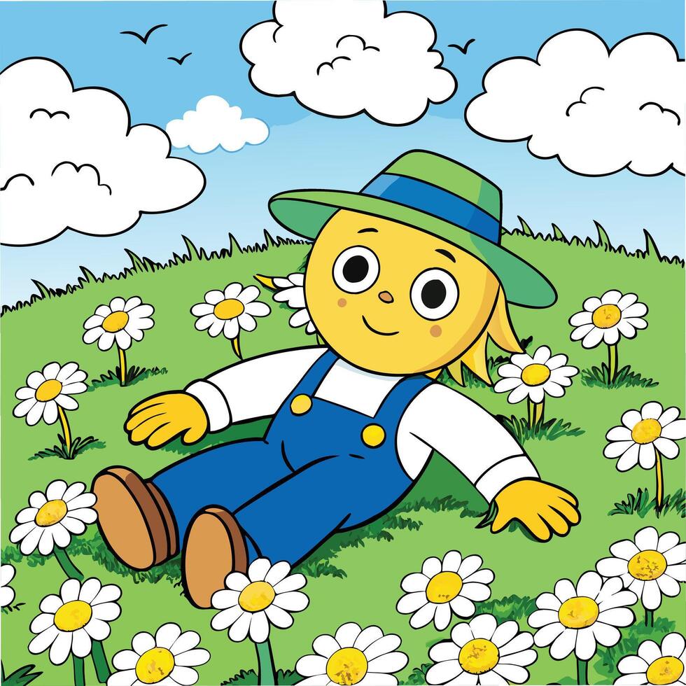 Cartoon scarecrow relaxing in a daisy field on a sunny day illustration vector