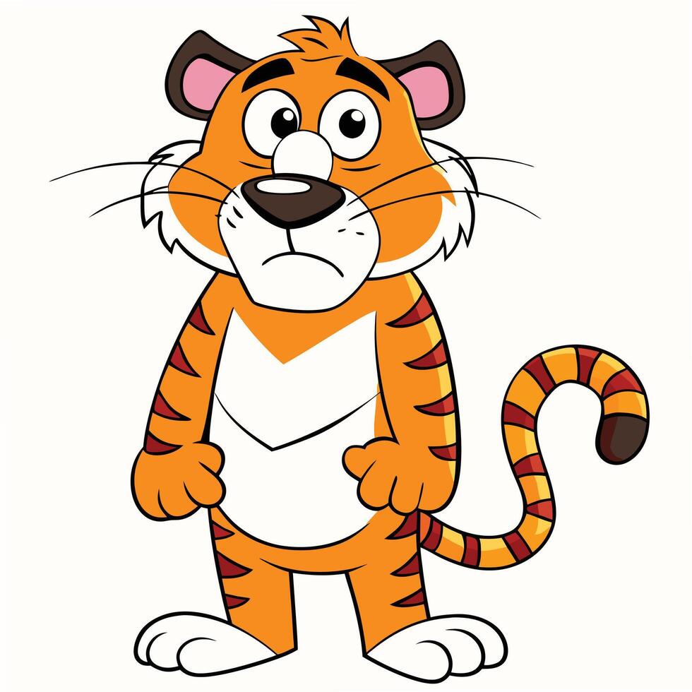 Sad cartoon tiger character with striped fur standing upright isolated on white vector