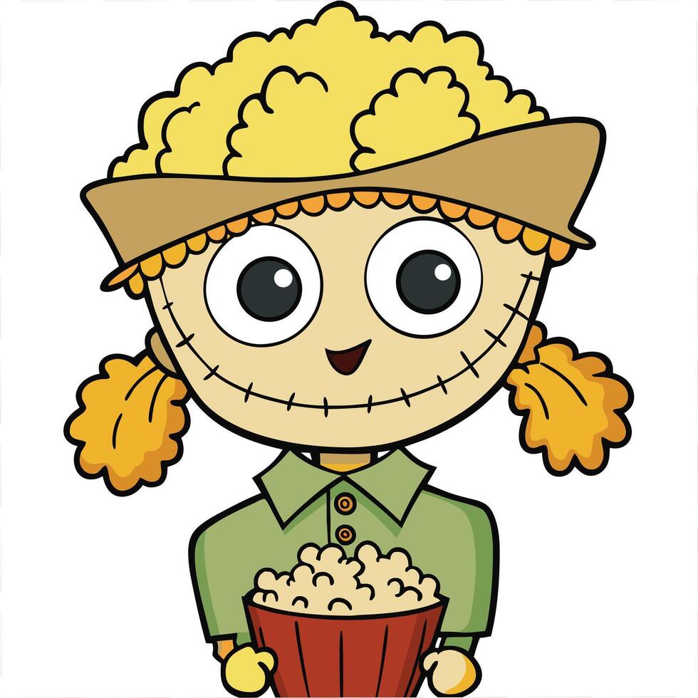 Cartoon scarecrow holding popcorn bucket isolated on white background for halloween vector