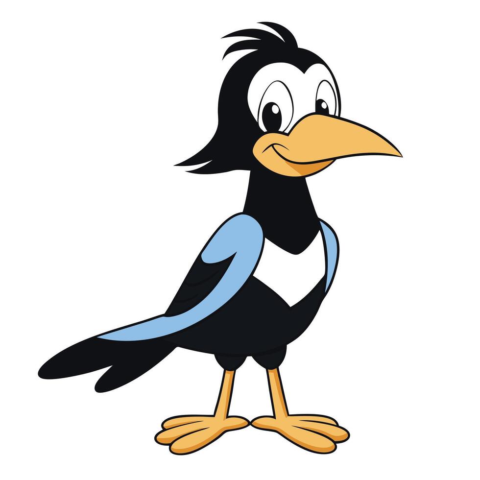 Standing cartoon bird with black feathers and yellow beak illustration vector