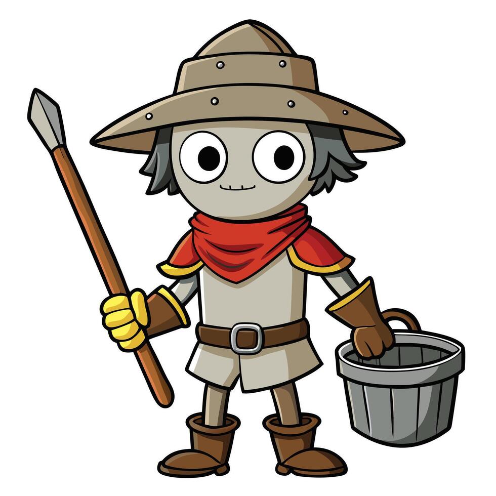 Cartoon hero character with spear and bucket ready for adventure illustration vector