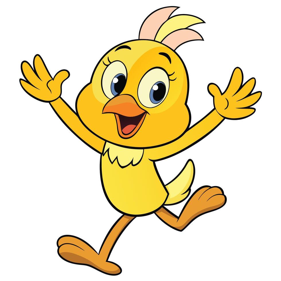 Cheerful cartoon chick running with open arms animated animal illustration vector
