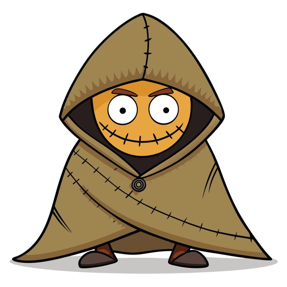 Cartoon halloween character with stitched mouth in hooded cloak illustration vector