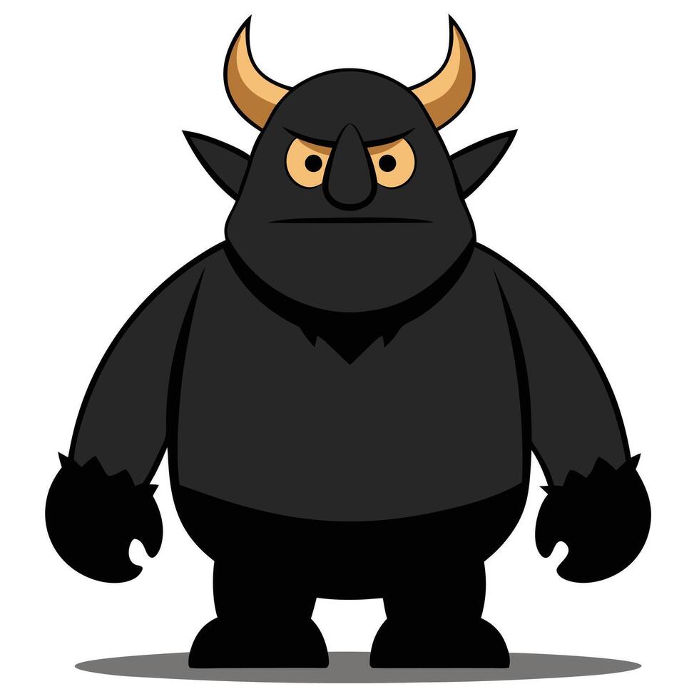 Cartoonish black monster illustration with yellow eyes and horns on white background vector