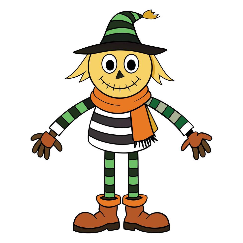 Cartoon scarecrow with striped shirt hat scarf and boots halloween illustration vector