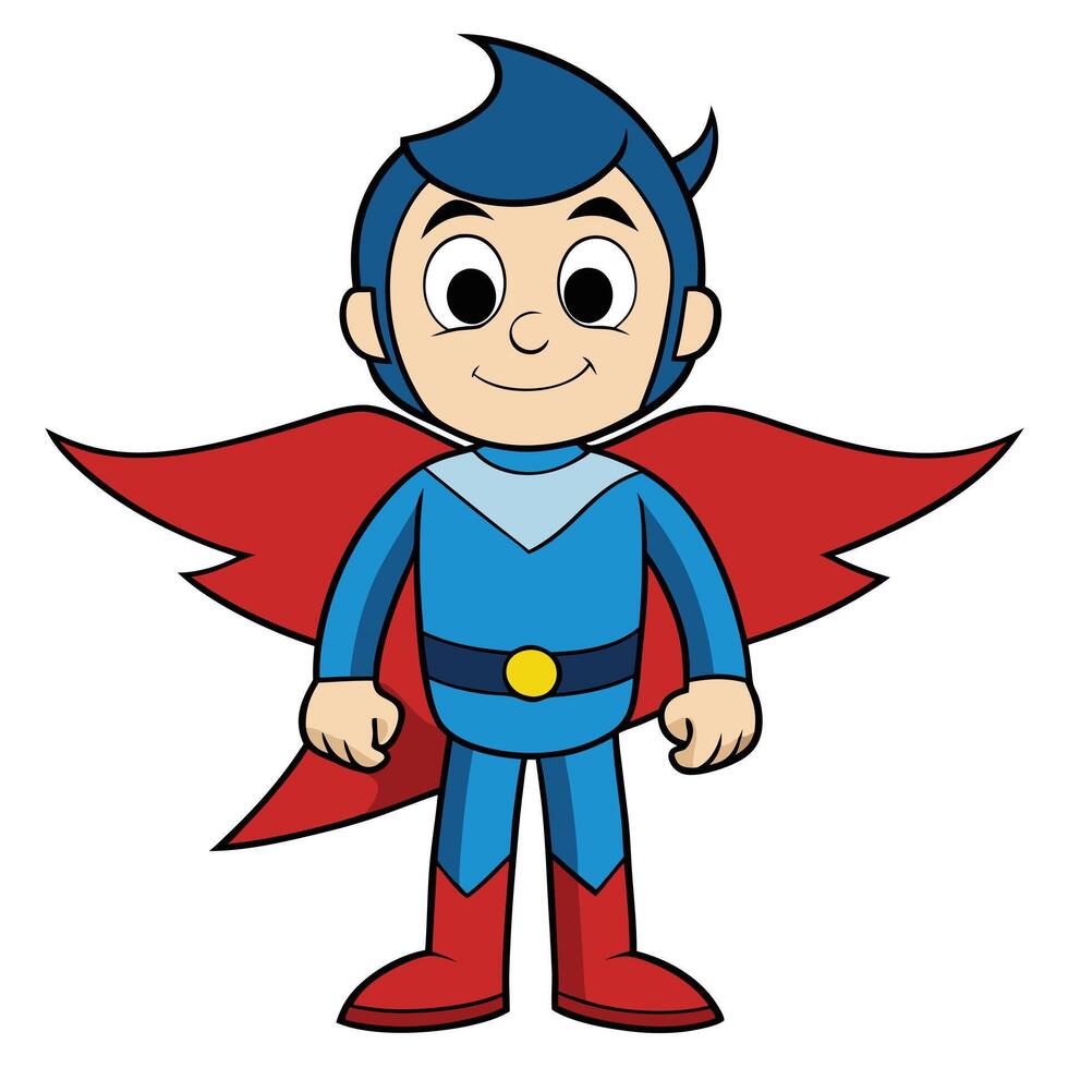Cartoon superhero boy with red cape and blue costume isolated on white vector