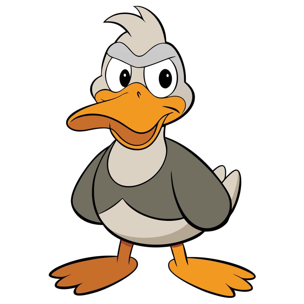 Cartoon duck character with angry expression standing isolated on white background vector