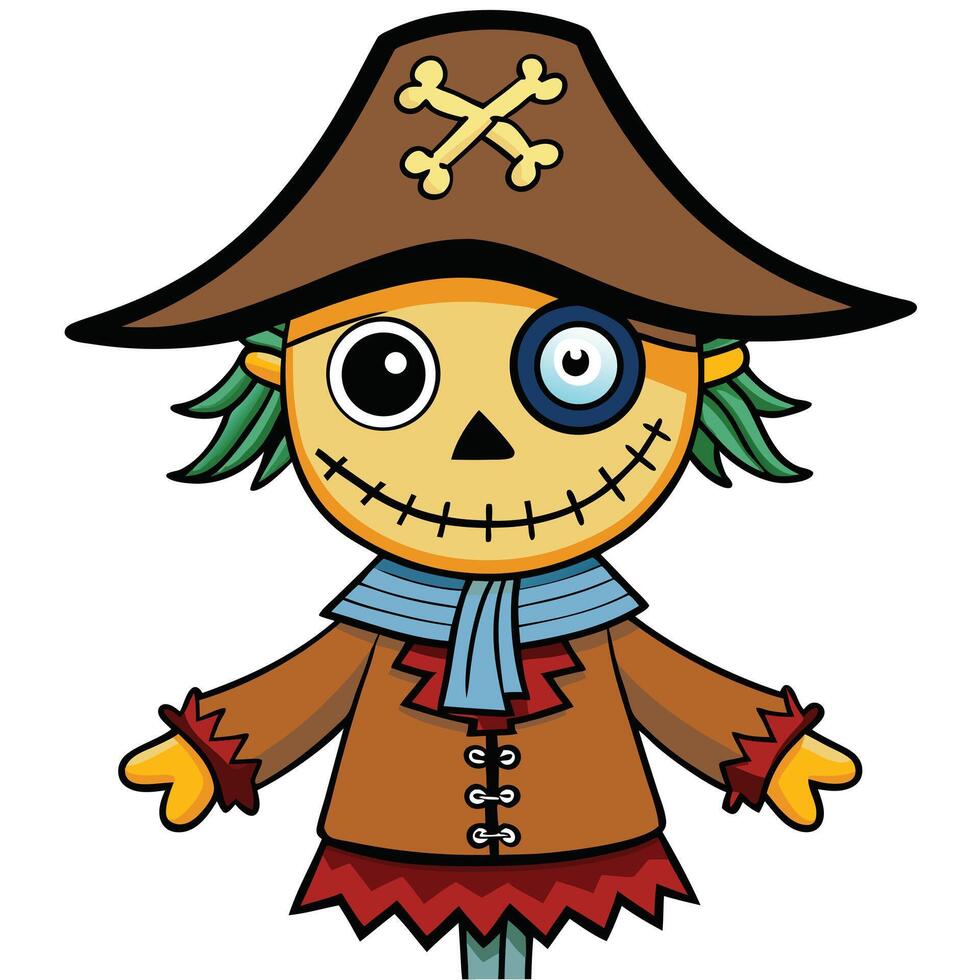 Cute cartoon halloween pirate scarecrow with patch and hat illustration vector