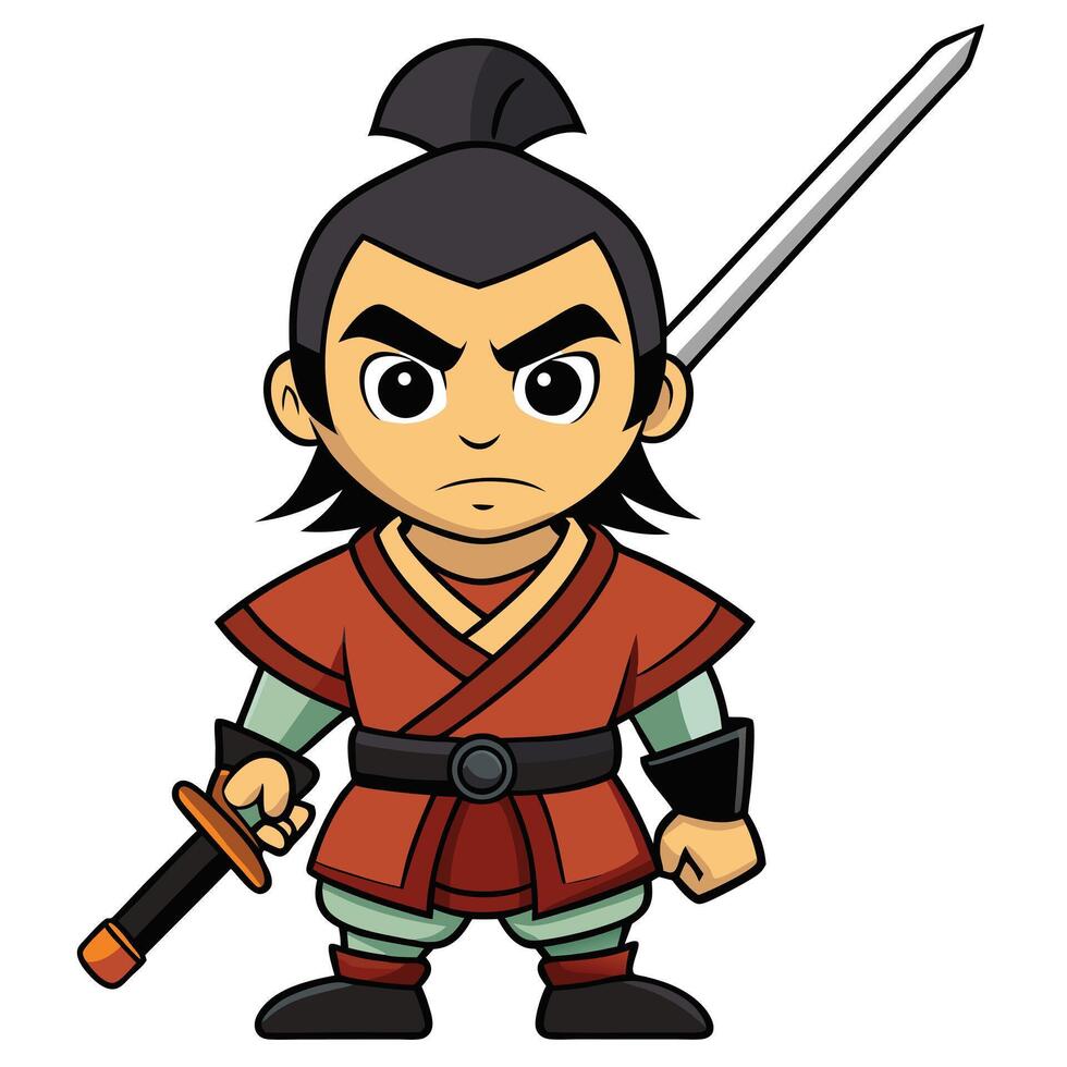 Cartoon style oriental warrior character with sword isolated on white background vector