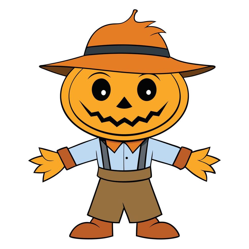 Cute cartoon pumpkin scarecrow character illustration for halloween and autumn celebrations vector