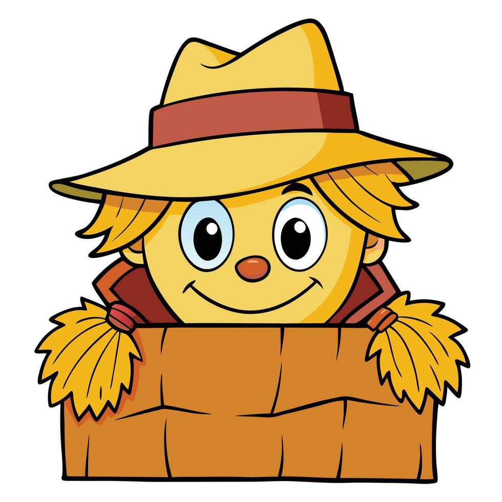 Cartoon scarecrow character peeking over a brown wooden fence isolated illustration vector