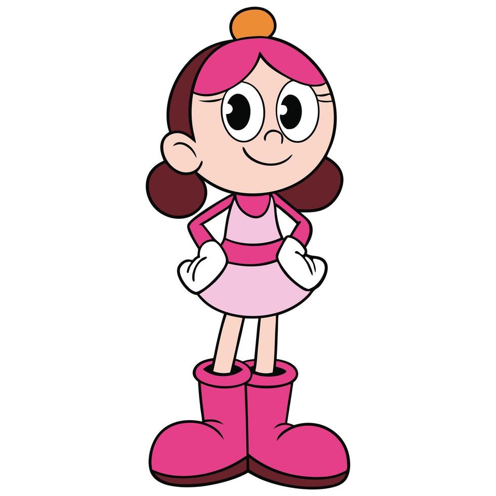 Cartoon girl character in pink dress and boots standing confidently illustration vector