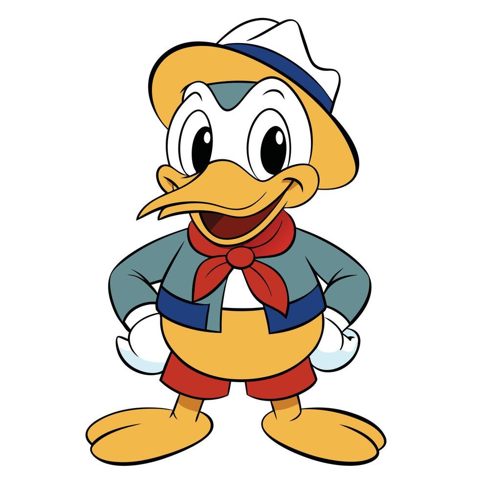 Cartoon duck character wearing hat and bandana illustration isolated on white background vector