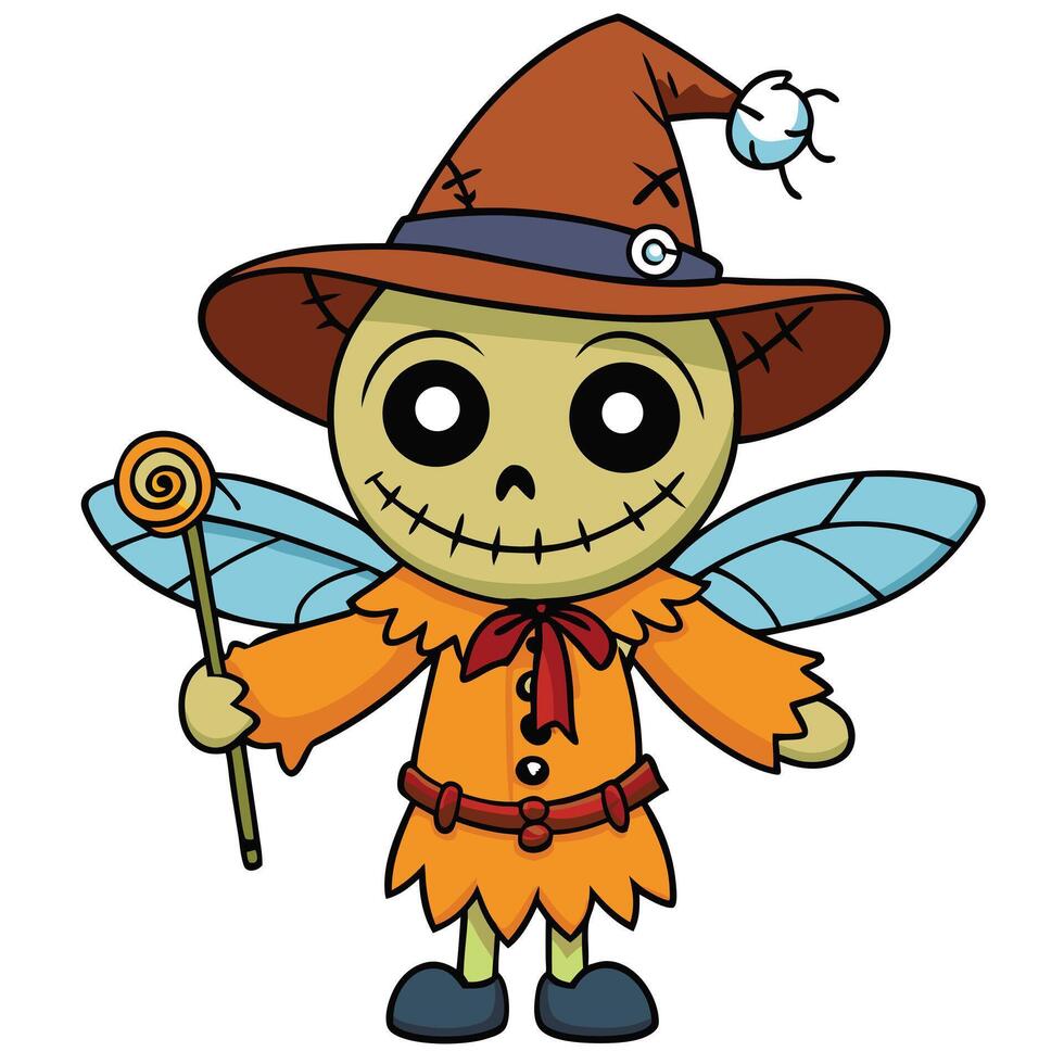 Cartoon scarecrow fairy with witch hat and candy illustration image vector